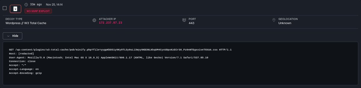 Active exploitation of various WordPress plugins from 172.237.87.23 🇸🇬 ( Akamai Connected Cloud )

VirusTotal Detections 0/95 🟢

Detected using our Wordpress with W3 Total Cache Plugin honeypot 🍯
