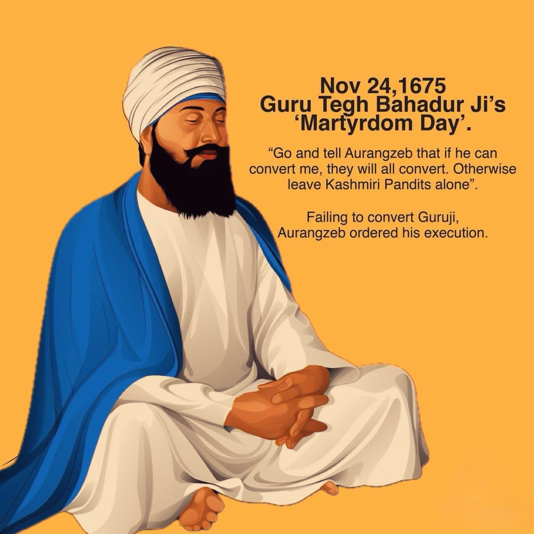 Today we honour Sri Guru Tegh Bahadur Ji on his Martyrdom day

The 9th Sikh Guru sacrificed his life to protect freedom, faith, &amp; human rights for all. His courage, compassion, &amp; unwavering stand against tyranny is unparalleled in history, &amp; continues to inspire us every day. 🙏🏽