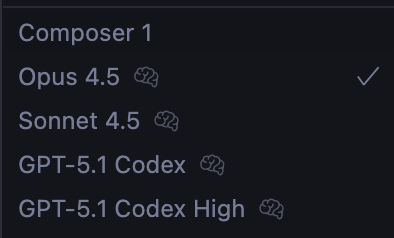 The main working models currently in use:
Opus 4.5 - Enabling Cursor Plan Mode, including planning and implementation