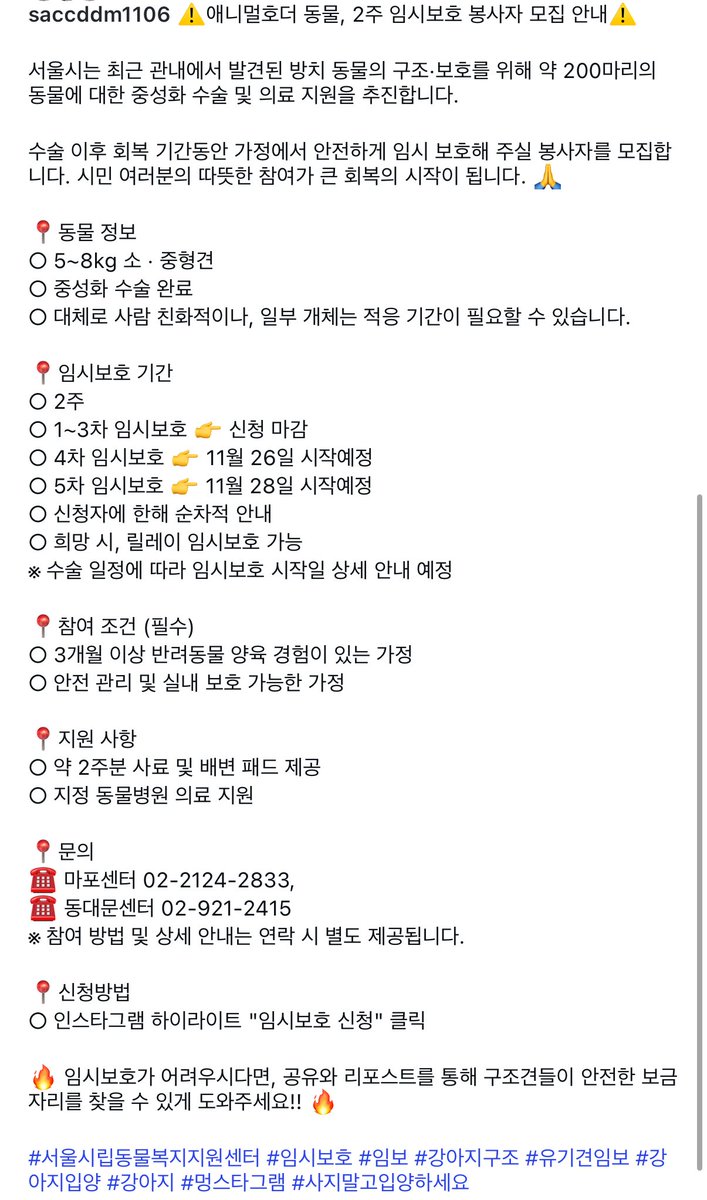 최근 서울 애니멀호더 집에서 강아지가 220마리 이상이 발견되었는데 사건이 이슈가 안되어서 도움이 부족하다고 합니다😭

중성화수술 이후 회복 기간동안 안전하게 임시 보호해 주실 봉사자를 모집한다고 하니 많은 관심 부탁드립니다‼️

instagram.com/p/DQtWpGkj2Jg/…
instagram.com/p/DRACKNPkqIM/…
