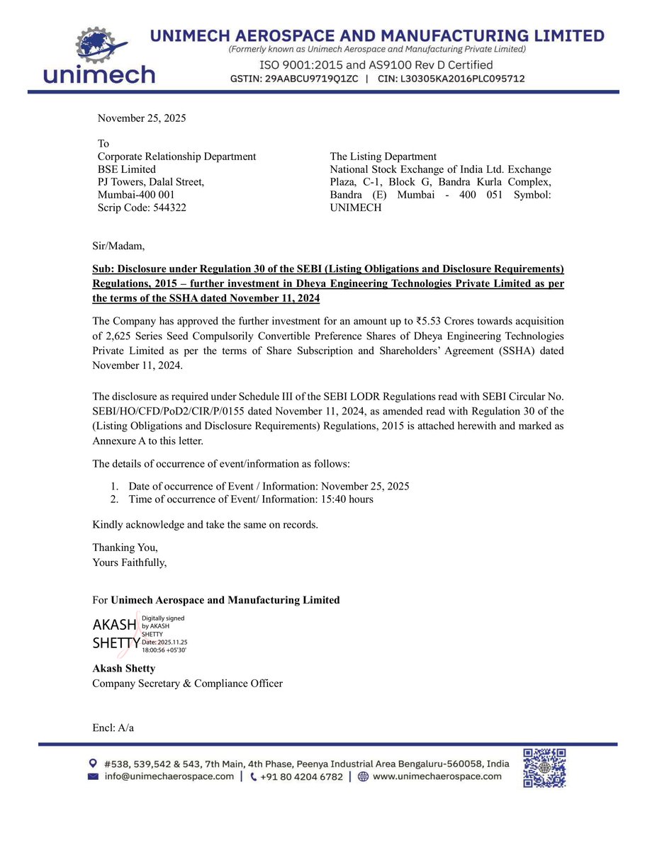 _Investor_Feed_'s tweet image. 🚀 Unimech Expands Stake in Dheya Engineering with ₹5.53 Crore Investment | MCap 4,795.8 Cr

- Unimech invests ₹5.53 Crores in Dheya Engineering Technologies, acquiring 2,625 Series Seed CCPS.
- Dheya operates in aerospace &amp;amp; energy tech, with a turnover of ₹1.72 Crores.
-…