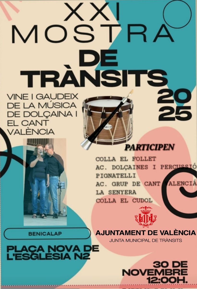 XXI MOSTRA DE DOLÇAINA I CANT VALENCIÀ DE TRÀNSITS 

La Junta Municipal de Trànsits, de la ciutat de València, organitza el diumenge dia 30 de Novembre, la XXI Mostra de Dolçaina i Cant Valencià. 

La Mostra, tindrà lloc a la Plaça Nova l'església n2 de Benicalap, 12h.