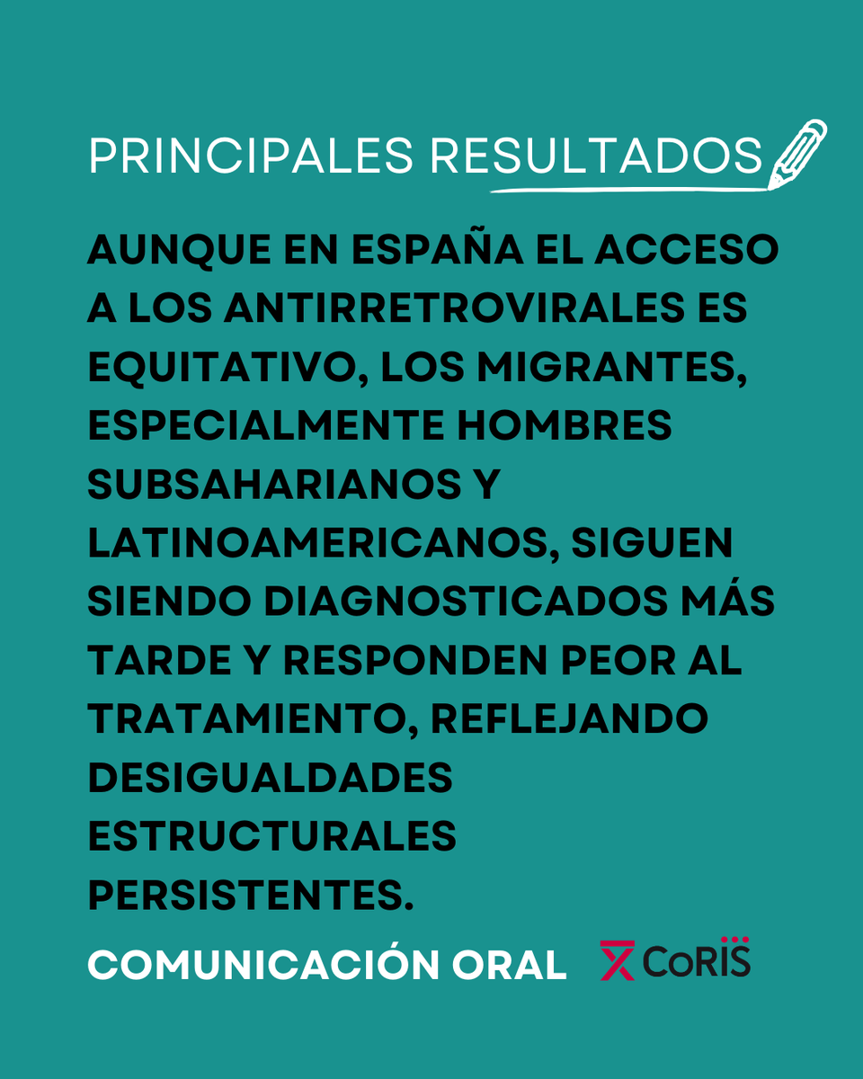Cohorte_coris's tweet photo. José Antonio Pérez Molina, médico adjunto del Servicio de Enfermedades Infecciosas del Hospital Ramón y Cajal de Madrid, presenta en #GeSIDA25 su comunicación oral:
"Persistence of late HIV diagnosis and poorer response to antiretroviral therapy among migrants with HIV compared with the native-born population in Spain"
Trabajo realizado con datos de #CoRIS plataforma @CIBER_ISCIII
Resultados: Aunque en España el acceso a los antirretrovirales es equitativo, los migrantes, especialmente hombres subsaharianos y latinoamericanos, siguen siendo diagnosticados más tarde y responden peor al tratamiento, reflejando desigualdades estructurales persistentes.
#InvestigaciónVIH #GeSIDA25