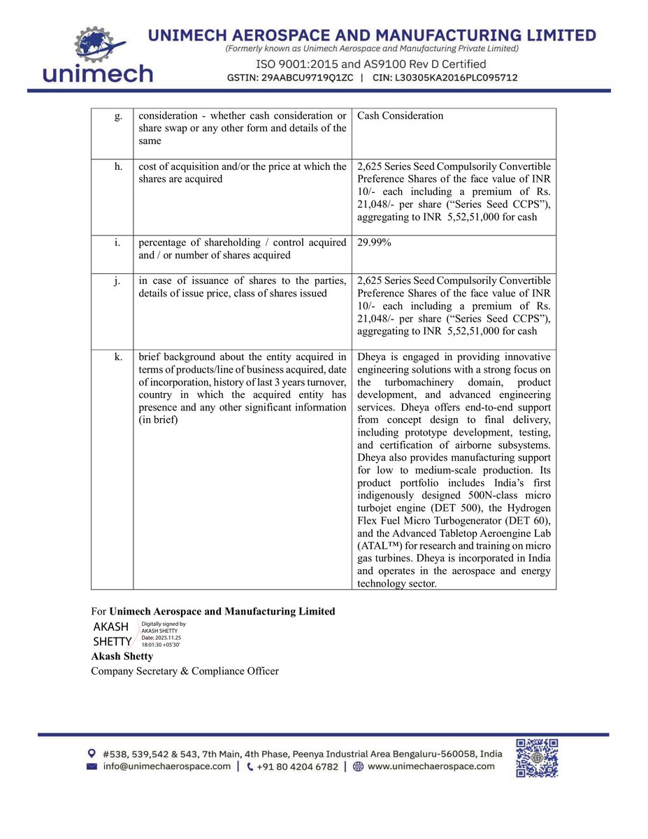 _Investor_Feed_'s tweet image. 🚀 Unimech Expands Stake in Dheya Engineering with ₹5.53 Crore Investment | MCap 4,795.8 Cr

- Unimech invests ₹5.53 Crores in Dheya Engineering Technologies, acquiring 2,625 Series Seed CCPS.
- Dheya operates in aerospace &amp;amp; energy tech, with a turnover of ₹1.72 Crores.
-…