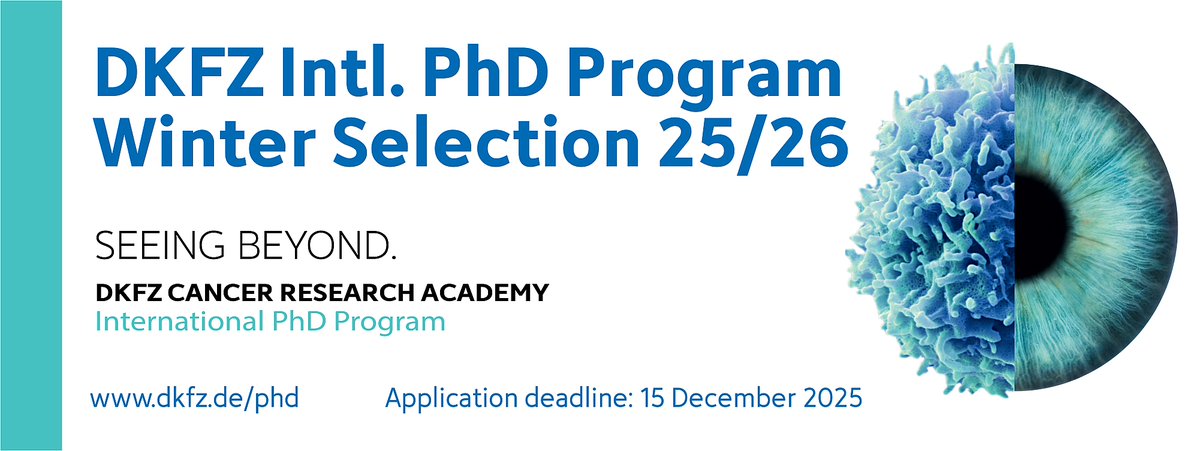 DKFZ's tweet image. Dreaming of a career in cancer research?
Join the Int&apos;l PhD Program at DKFZ - Germany’s largest biomedical research center.
Explore #cancerresearch including #cancerbiology, #bioinformatics, #epidemiology &amp;amp; #medicalphysics.
The Winter Selection is open!
👉 t1p.de/amwgq