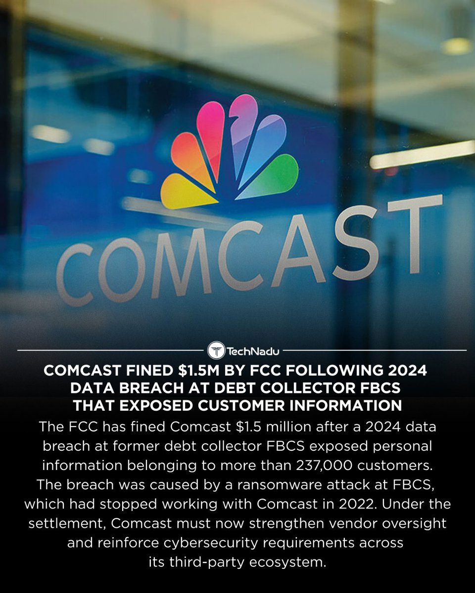 TechNadu's tweet image. FCC fines Comcast $1.5M after a vendor breach at FBCS exposed data from 237K+ customers.

@comcast  says its own systems weren’t breached, but the settlement mandates stronger vendor-risk controls.

Follow us for more cybersecurity updates.
#Comcast #FCC #DataBreach