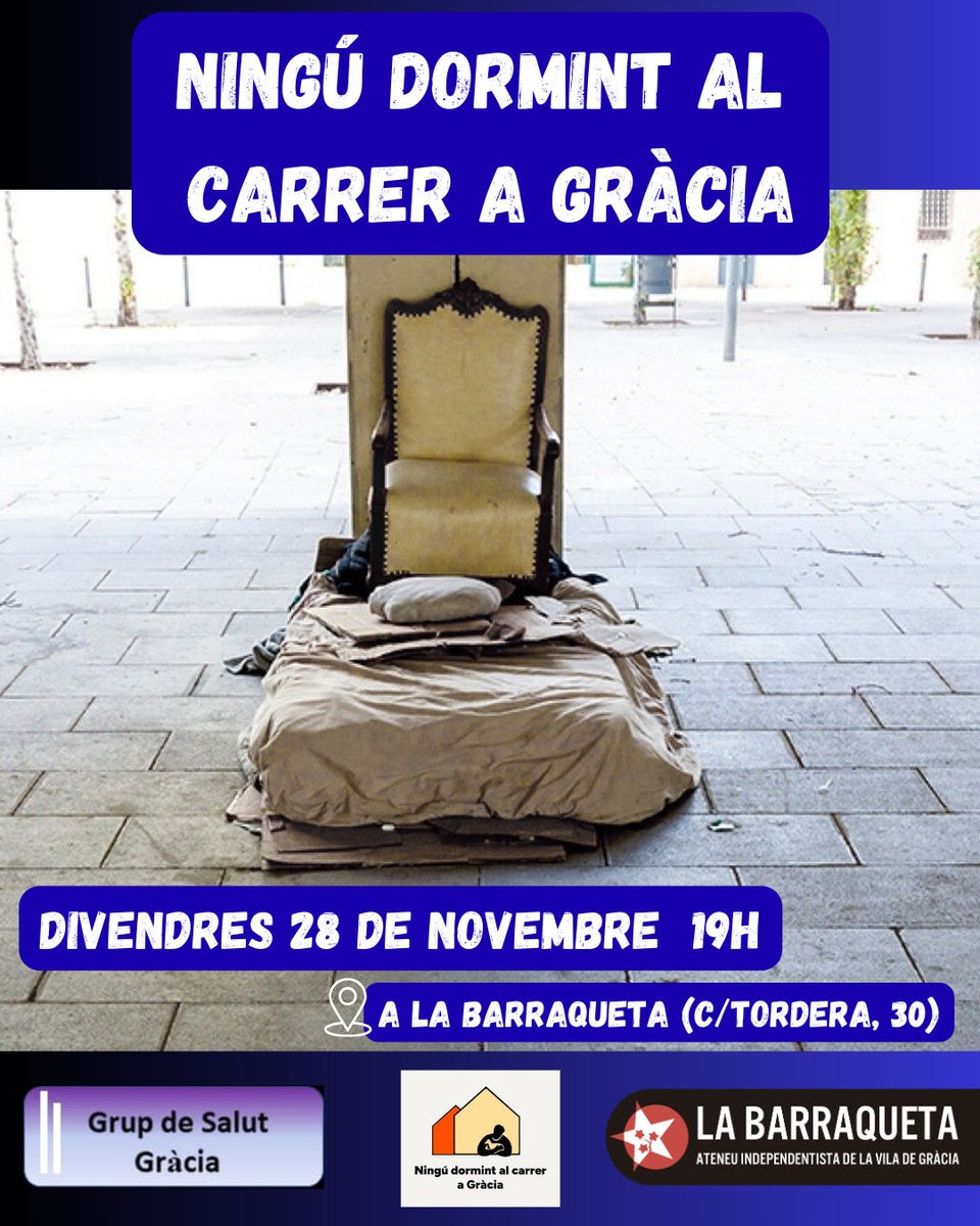 Aquest divendres a les 19h:

Xerrada a càrrec del “Grup de Salut de Gràcia” per explicar la situació del "sensellarisme" a la Vila i la presentació del projecte “Ningú dormint al carrer a Gràcia”, així com la guia de recursos.
🤗
