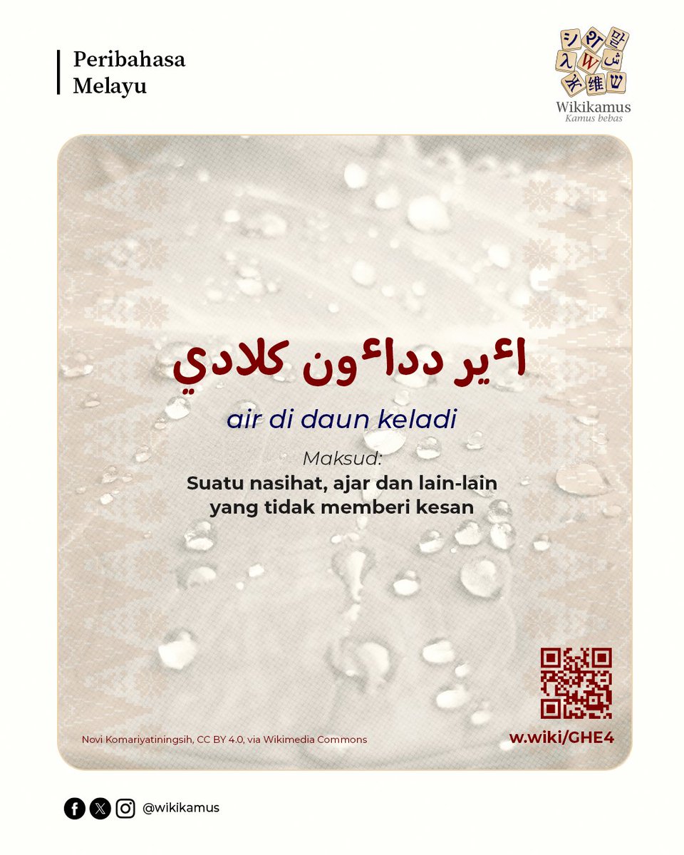 Peribahasa Melayu

اءير دداءون کلادي
air di daun keladi

Maksudnya: Suatu nasihat, ajar dan lain-lain yang tidak memberi kesan.

Baca selanjutnya di Wikikamus: w.wiki/GHE4

#wikikamus
#bahasamelayu