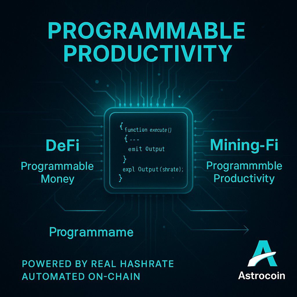 Astrocoin_ASTC's tweet image. DeFi made money programmable.
Mining-Fi makes productivity programmable.
$ASTC turns real hashrate into on-chain, automatable economic output — unlocking a new class of productive digital assets.
#Astrocoin #MiningFi #DeFi #HashrateIsCapital