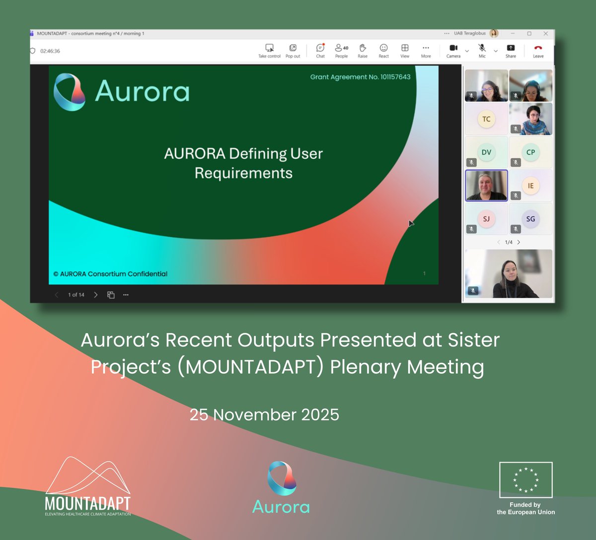 Auroraclima's tweet image. 📸 Great to see sister projects joining forces! 🤝 
💬During the MOUNTADAPT Plenary Meeting, all sister projects — ISMED-CLIM, Aurora, and healthRiskADAPT — were invited and came together to share the la.test updates, results, and emerging findings. 🔬