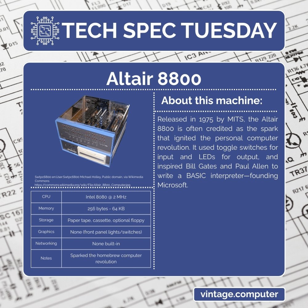 realvintagecomp's tweet image. The Altair 8800 started the homebrew computer revolution. Built around the Intel 8080 and programmed with front-panel switches, it inspired a generation of hobbyists and led Gates and Allen to write their first BASIC interpreter. #Altair8800 #VintageComputing #VintageComputer
