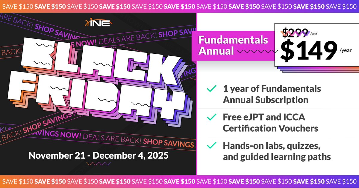 ine's tweet image. New to IT/cyber? 

Start strong 💻 12 months of guided fundamentals, hands-on labs, and free eJPT &amp;amp; ICCA vouchers included. Build your foundation for 2026.
 
Save now → bit.ly/48eiaGh 

#LearnWithINE #TrainSmarter #LevelUp #FutureReady