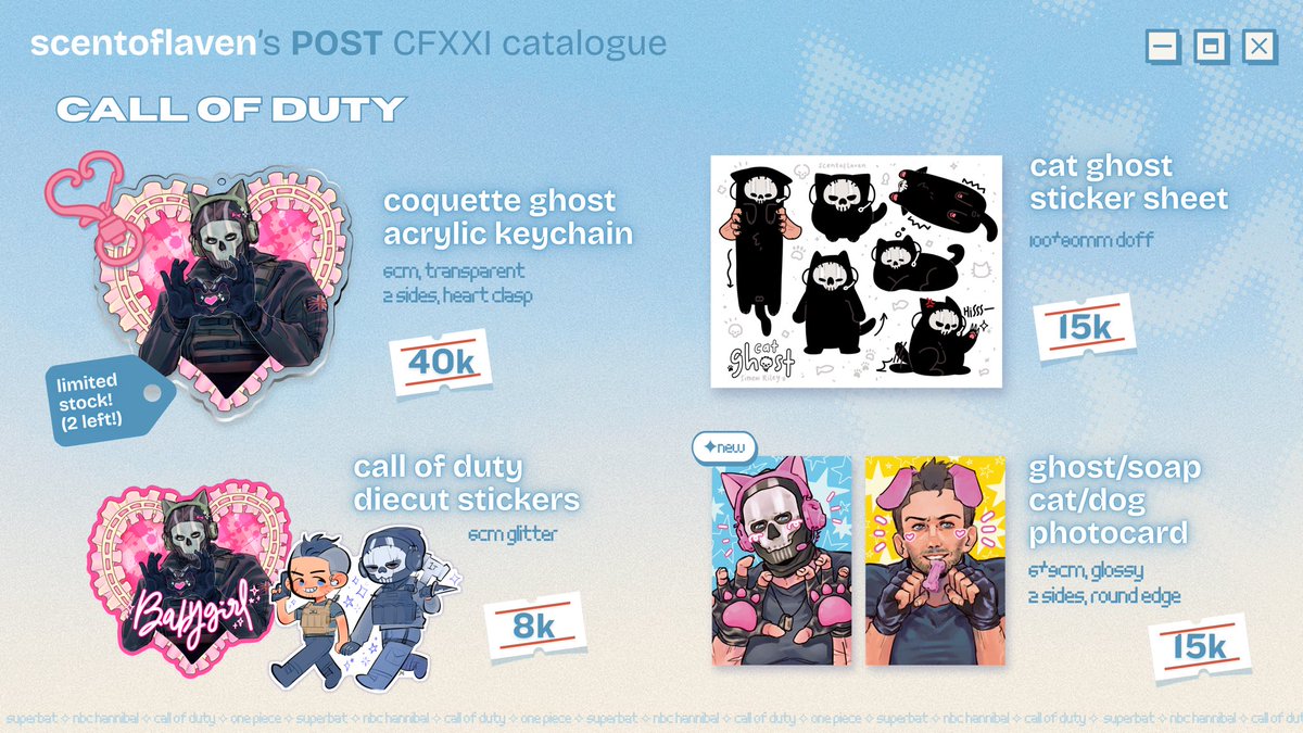 (like n rt appreciated!!🥰💖)

Hello yall im dropping my POST #CF21 order catalogue (with limited stocks 😭) 🥳

📆 Until 6 Dec
💫 DC (Superbat), Hannibal, Call of Duty, One Piece

🔗 tinyurl.com/SOLPOSTCF21

#CFXXI #Comifuro21