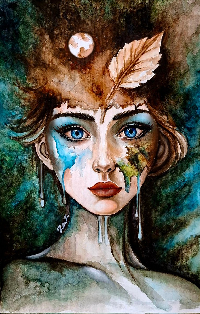 GM dear fam 💙 🧡 

My new drop on <a href="/xrpcafe/">xrp.cafe ☕</a> 
Watercolor painting ☺️

"Quiet ruin"

This watercolor was born from the ache I feel for a dying planet. Her blue eyes carry the weight of oceans that can only weep now, not rise. The dried leaf on her forehead is the last breath of