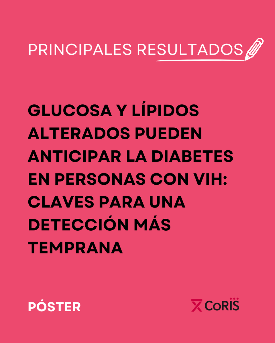 Cohorte_coris's tweet photo. Laura Tarancón, investigadora del Instituto de Investigación Sanitaria Gregorio Marañón (Madrid), presenta en #GeSIDA25 su póster:
"Biomarcadores clínicos y bioquímicos predictivos de diabetes tipo 2 en personas con VIH: estudio de casos y controles en cohortes españolas"
Trabajo realizado con datos de #CoRIS plataforma @CIBER_ISCIII
Resultados: Glucosa y lípidos alterados pueden anticipar la diabetes en personas con VIH: claves para una detección más temprana
#InvestigaciónVIH #GeSIDA25