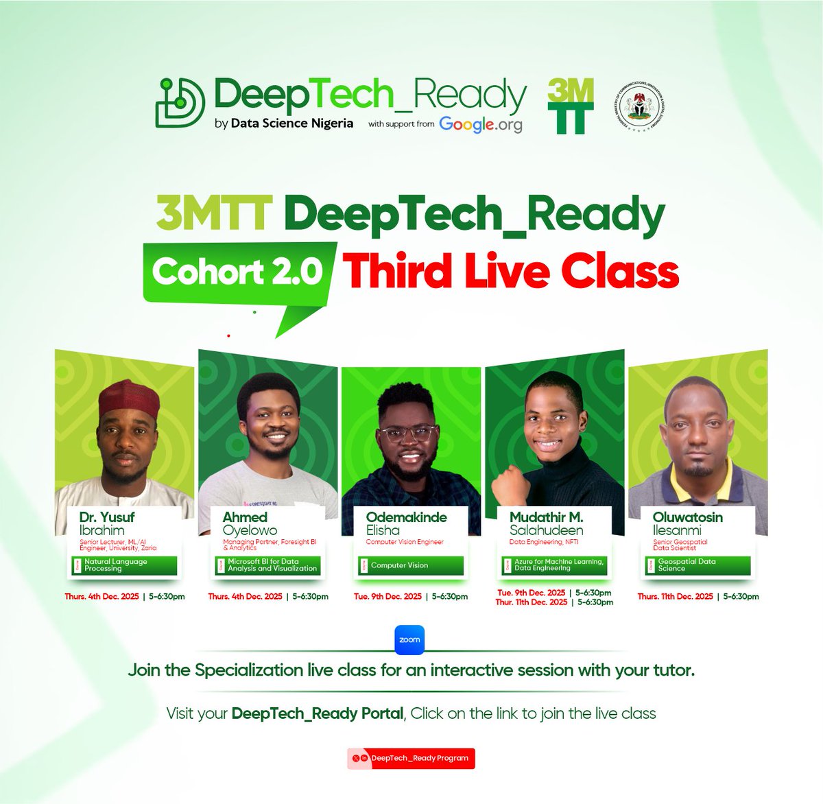 DeepTech_Ready's tweet image. Hello @DeepTech_Ready Fellow

Specialisation Live Class — Cohort 2.0 returns on Thursday, 4 December 2025.

Join expert instructors in NLP and Microsoft BI as you accelerate from learning to mastery.

Time: 5:00 PM daily

See you in class.

#DataScienceNigeria #3mttdeeptechready