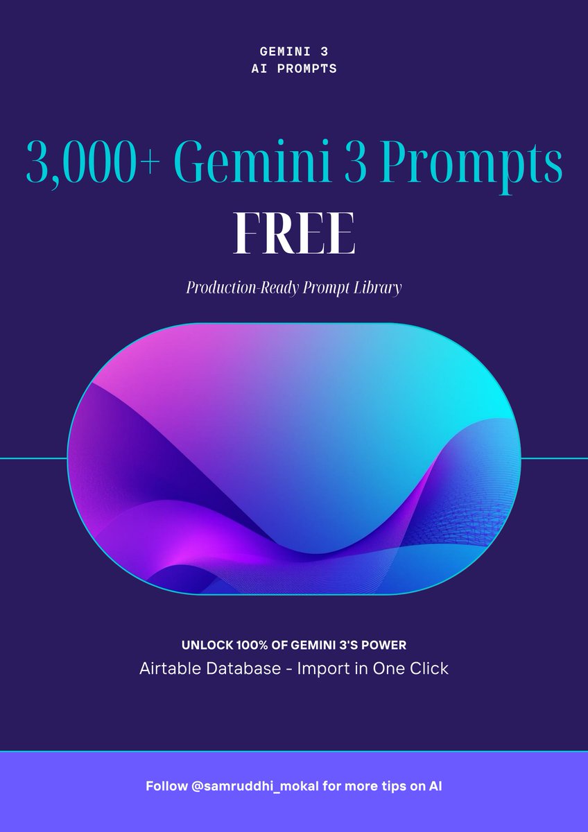 samruddhi_mokal's tweet image. Gemini 3 has a capability most people don&apos;t even know exists.

it&apos;s not the 1M tokens.
it&apos;s not the multimodal processing.

it&apos;s something else entirely.

And it&apos;s the reason I built 3,000+ prompts specifically for Gemini 3.

Everyone talks about Gemini&apos;s specs:
→ 1 million…