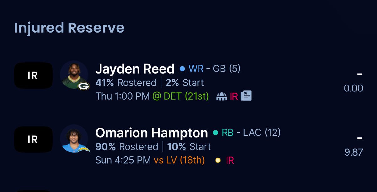ganggritsports's tweet photo. 🚨 #FFBall Update! 🗞️
My Legacy Redraft league runs waivers for 3am Tuesdays… gotta be on top of things
Only four teams make the playoffs so we run the regular season thru W15 - 3 weeks remaining
I added Devin Neal & Andrew Iosivas (dropped Ayomanor & Njoku), & I’ll actually start Neal in Flex, unless…
The two most important transactions to lift my team in this final run will be activating Jayden Reed & Omarion Hampton ⚡️
Hope there’s news on their official activation before the Thanksgiving Day games kick off 🧐
@FantasyPros
@SleeperHQ
@ESPNFantasy
@MatthewBerryTMR
@MichaelRippe
@tippmajor
@DougShootsStr8
@DaveMcGinnnis