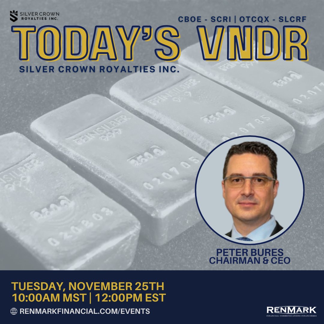 💎  <a href="/SilverCrownSCRI/">SilverCrownRoyalties</a> (CBOE: SCRI | OTCQX: SLCRF) delivers investor exposure to silver upside—without mining risk.

📅 Nov 25 | 🕙 10AM MST / 12PM EST
🔗 ow.ly/A72k50Xq8NW

#Silver #Royalties #Mining #Investing #RenmarkVNDR
