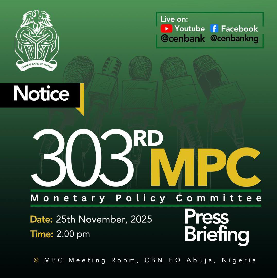 cenbank's tweet image. We are LIVE for the Press Briefing of the 303rd Monetary Policy Committee (MPC) Meeting on :

Youtube: youtube.com/live/b5yDE5QrF…

Facebook: facebook.com/share/v/1BnSAb…

#CBN
#MPC