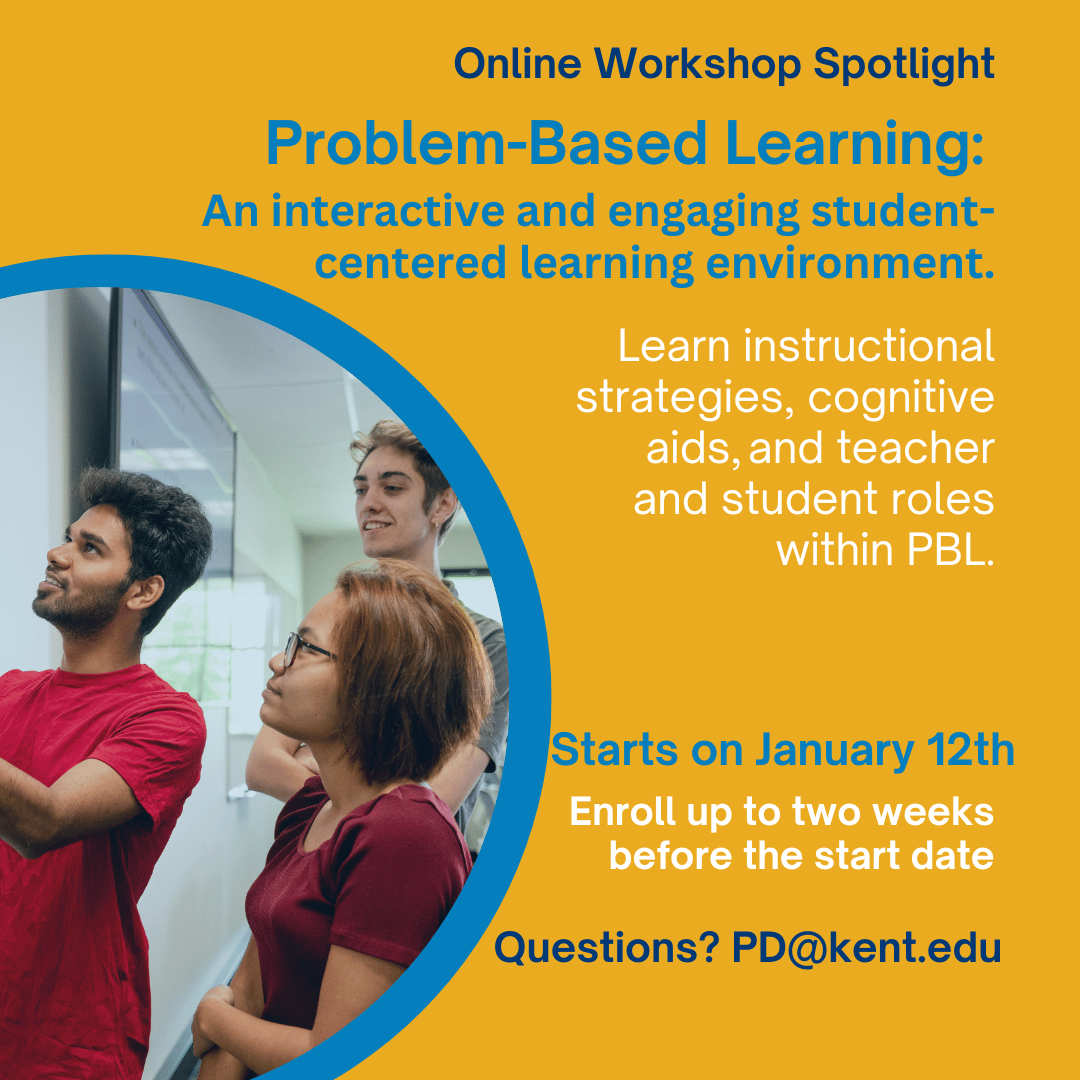 #OnlineWorkshop: Problem-Based Learning

Spring 2026: January 12 - February 6

2 credit hours, grad or undergrad
Instructor: Dr. Marian Maxfield

Questions? PD@kent.edu

Looking for other workshops? kent.edu/CreditWorkshops

#KentStatePDO #PBL #ProblemBasedLearning #K12Educators