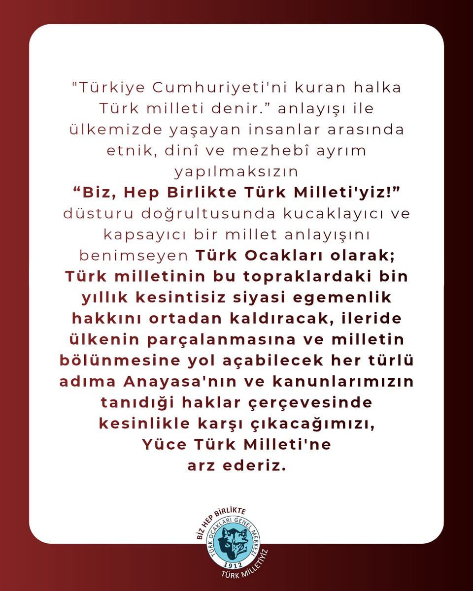 ❗"Türkiye Cumhuriyeti’ni kuran halka Türk milleti denir." anlayışı ile ülkemizde yaşayan insanlar arasında etnik, dinî ve mezhebî ayrım yapılmaksızın "Biz, Hep Birlikte Türk Milleti’yiz!" düsturu doğrultusunda kucaklayıcı ve kapsayıcı bir millet anlayışını benimseyen Türk
