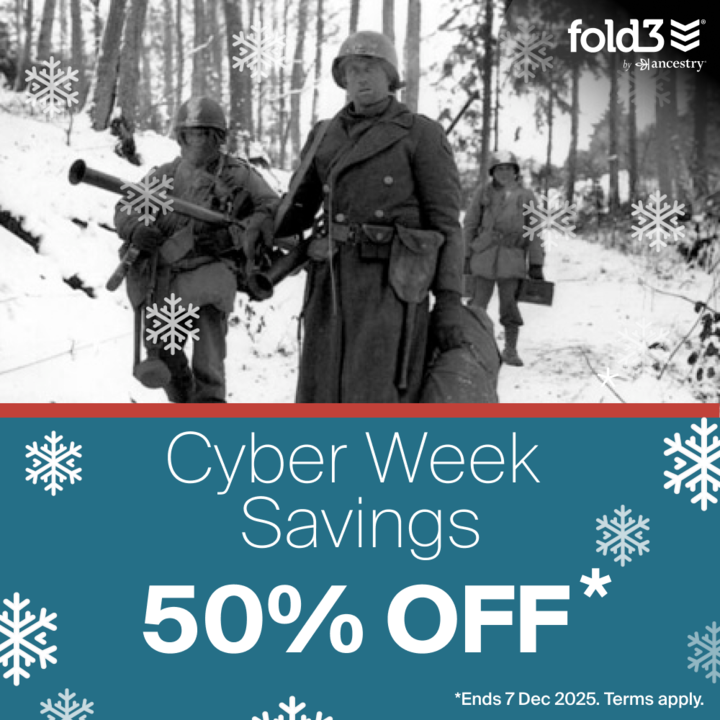 fold3's tweet image. Cyber week savings start now! Discover and share the stories of your military ancestors with 50% off a Fold3 membership. f3.social/cyber2025
