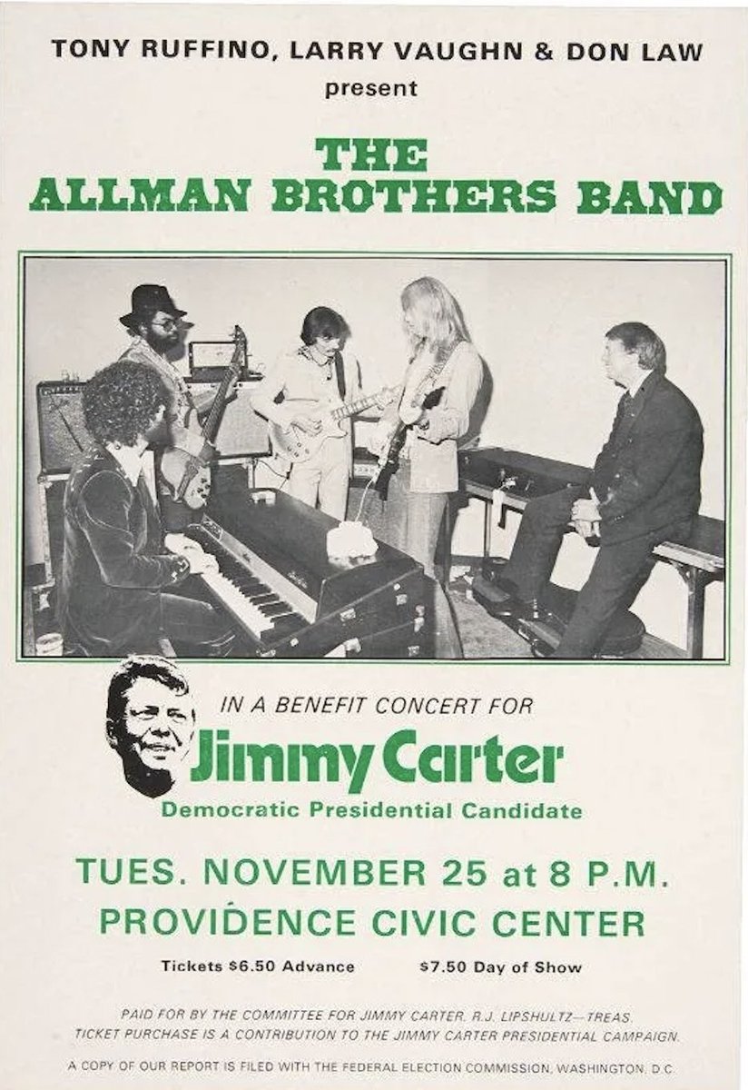 CarterLibrary's tweet image. President Jimmy Carter famously appealed to a younger generation of voters by utilizing music. This poster in our collection is for an Allman Brothers concert that occurred on 11/25/1975 in Providence, RI. Fun fact: the opener was a band named Grinderswitch! #Carter50