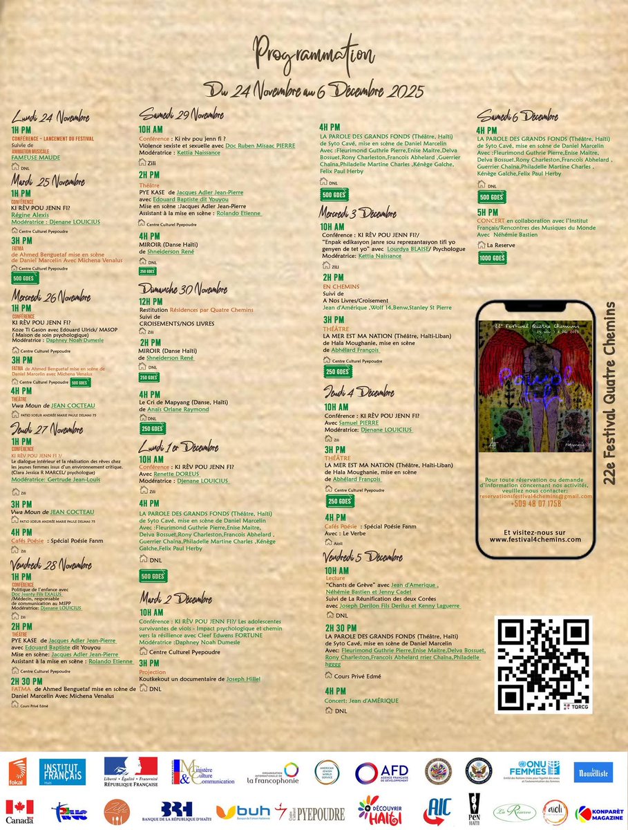 Voici la programmation complète des deux semaines d’activités de la 22ᵉ édition du Festival Quatre Chemins, du 24 novembre au 6 décembre. Venez nombreux assister à ce beau programme d’activités !