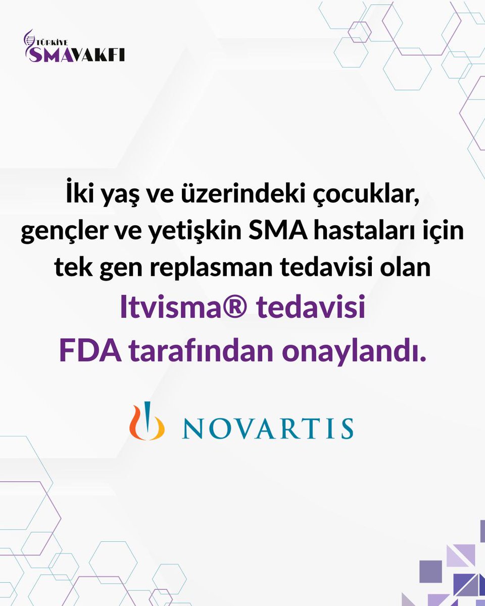 turkiyesmavakfi's tweet photo. Novartis’in SMA alanındaki yeni tedavisi Itvisma®️ (onasemnogene abeparvovec-brve), FDA tarafından onaylandı. Bu onay, SMA tedavi seçeneklerinin genişlemesine katkı sağlayan önemli bir gelişme olarak değerlendirilmektedir. https://t.co/XCgevl7z69