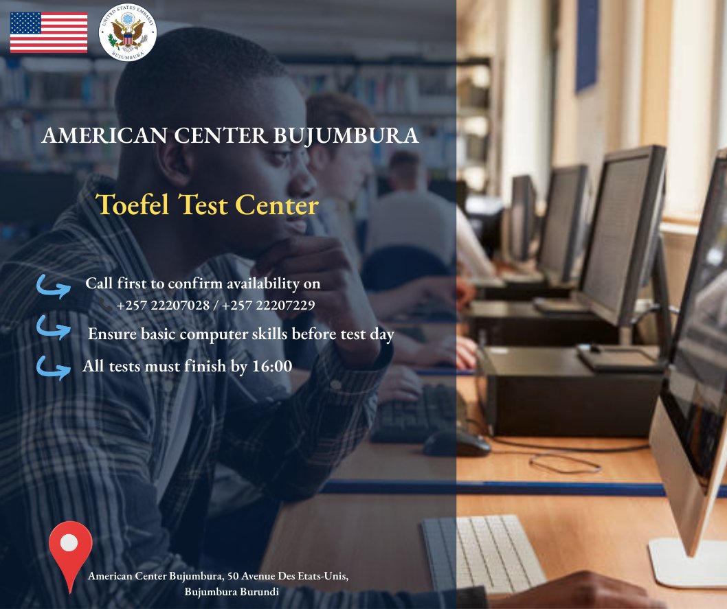 #Burundi Are you ready to take the next step toward your global goals? The American Center Bujumbura is a trusted TOEFL testing venue, offering you the convenience of taking your test locally instead of traveling abroad.
Here’s what you need to know:
📞Before scheduling your test