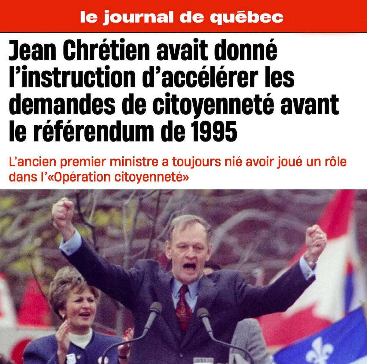 MBJDepute's tweet image. Ottawa a trafiqué les règles du jeu pour gagner.

Citoyennetés accélérées en pleine campagne. Dépenses du camp du NON hors cadre légal.

Et Chrétien qui admet qu’il n’aurait pas reconnu une victoire du OUI.

Mis ensemble : le résultat du référendum de 1995 a été lourdement…