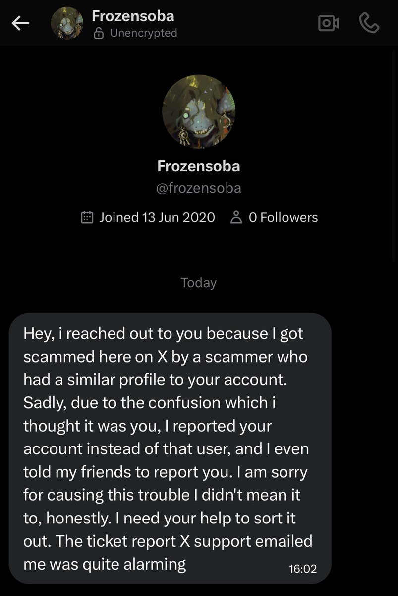 zeebythesea_'s tweet photo. The account @frozensoba is HACKED ❌, and scammers are sending out shady messages like this. Do not fall for it and follow artists new account - @Frozensoba00 https://t.co/C4yJnDna2U