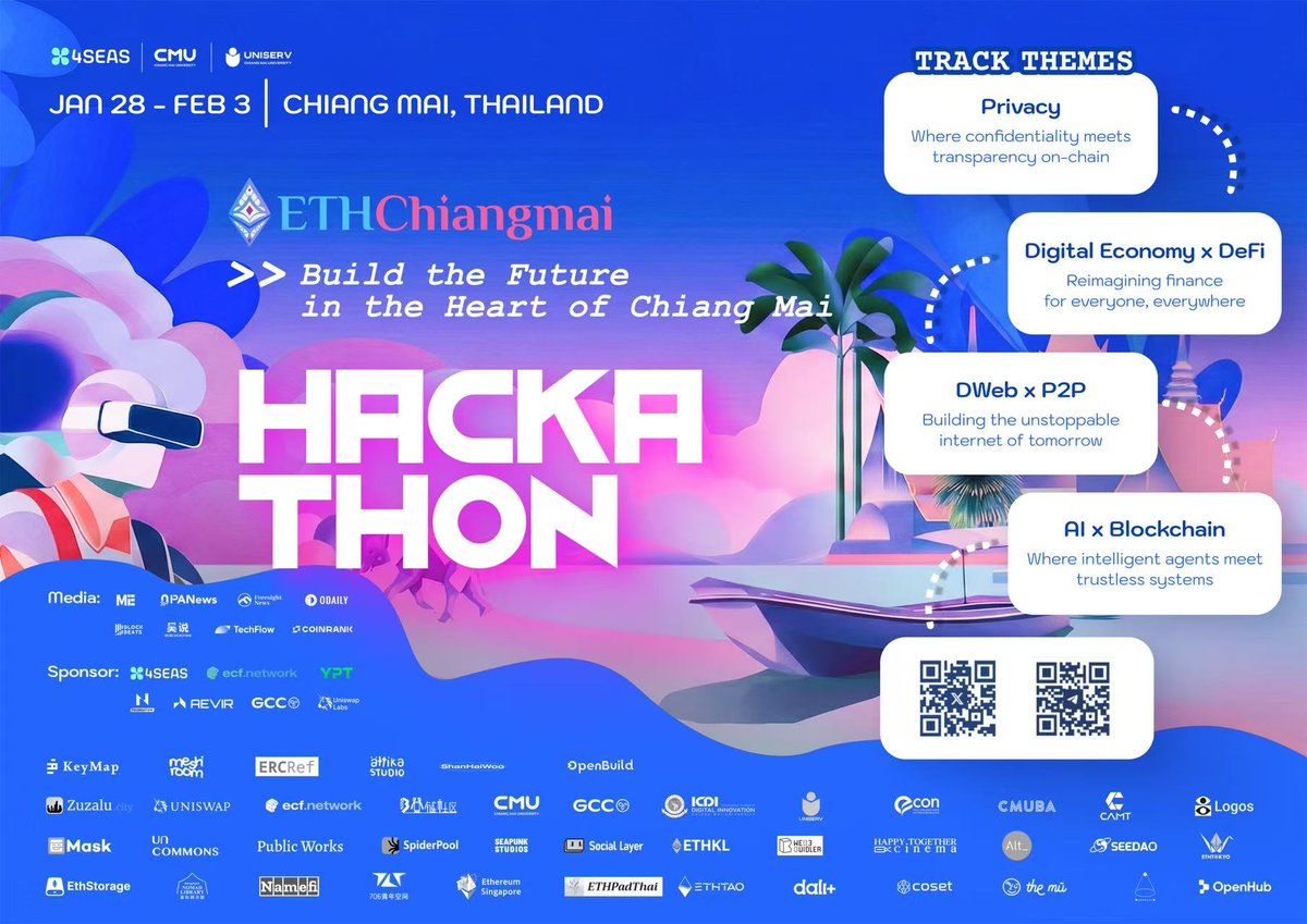 🌴 ETHChiangmai 2026 Hackathon 
Build the Future, in the Heart of Chiang Mai

The ETHChiangmai Hackathon will be held in Chiang Mai, Thailand. It is an hackathon for developers, builders, researchers, and creators from around the world. 
Whether you're a DeFi engineer,