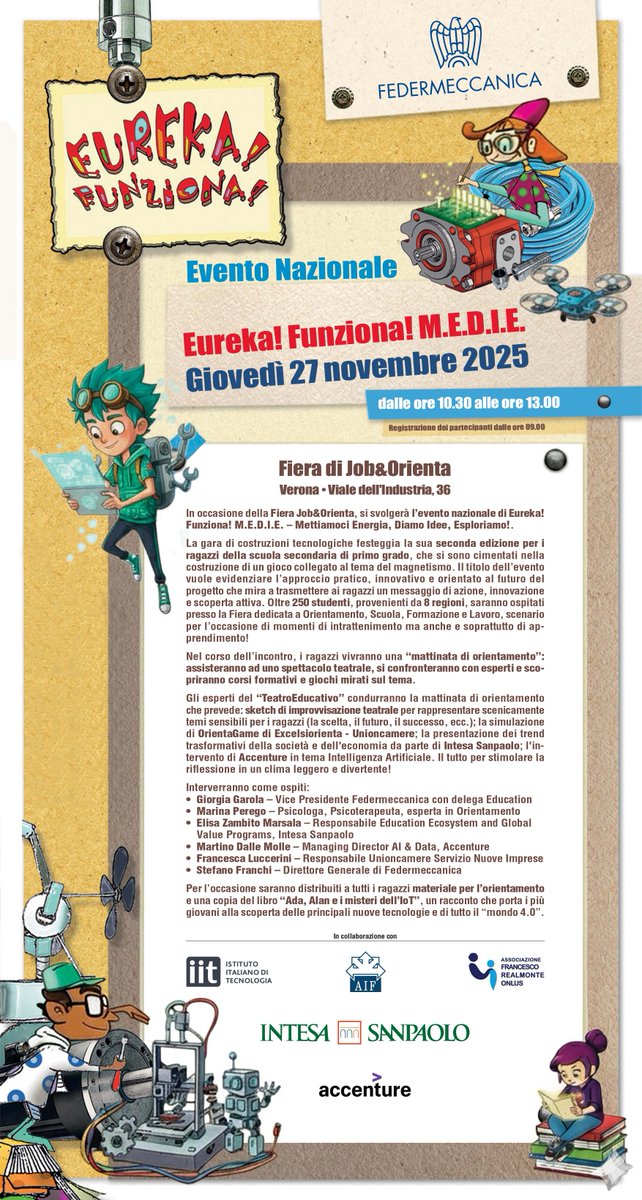 #EurekaFunzionaMEDIE
 
*** Eureka! Funziona! : al via la seconda edizione dedicata alle scuole medie*** 
 
 📌Giovedì prossimo, 27 novembre, presso la Fiera di #Verona, in occasione della manifestazione <a href="/Job_Orienta/">JOB&Orienta</a> , si svolgerà la seconda edizione di #EurekaFunzionaMEDIE ,
