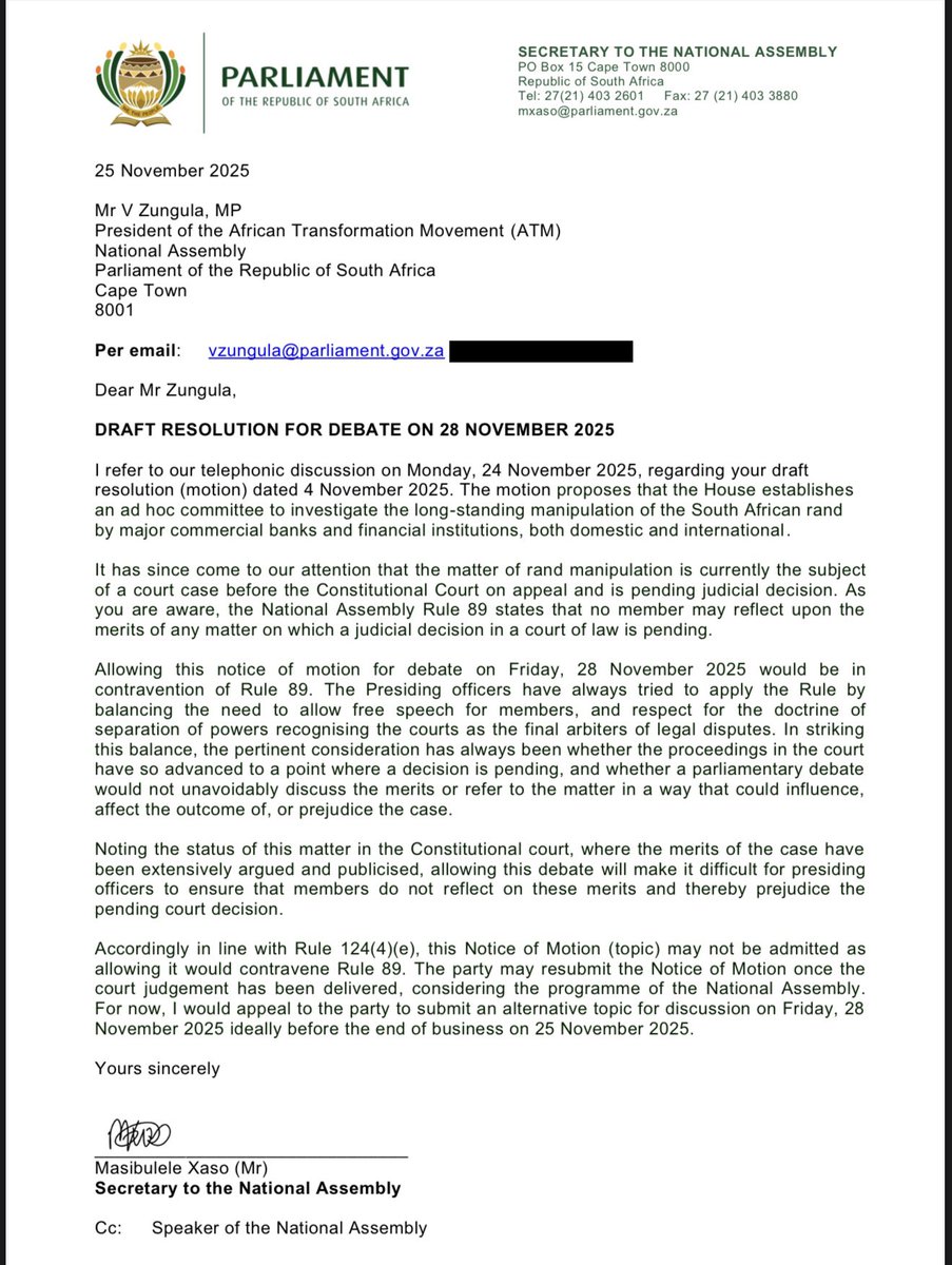 ZungulaVuyo's tweet photo. A motion we submitted and which Parliament agreed to on 4 November has now been blocked just three days before the scheduled debate. In the eleventh hour, Parliament says we cannot debate #RandManipulation on Friday.
South Africans deserve transparency, not last-minute reversals.