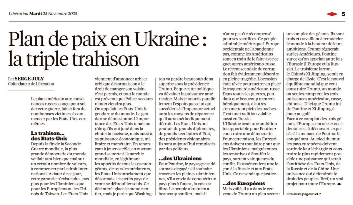...Україна мала амбіції, які були нестерпними для Путіна: побудувати демократію. З цієї причини європейці повинні зробити все можливе, щоб українці, незважаючи на всі спроби придушити країну, вийшли переможцями з конфлікту. Вони дали б урок Росії та США. Це було б справедливо...