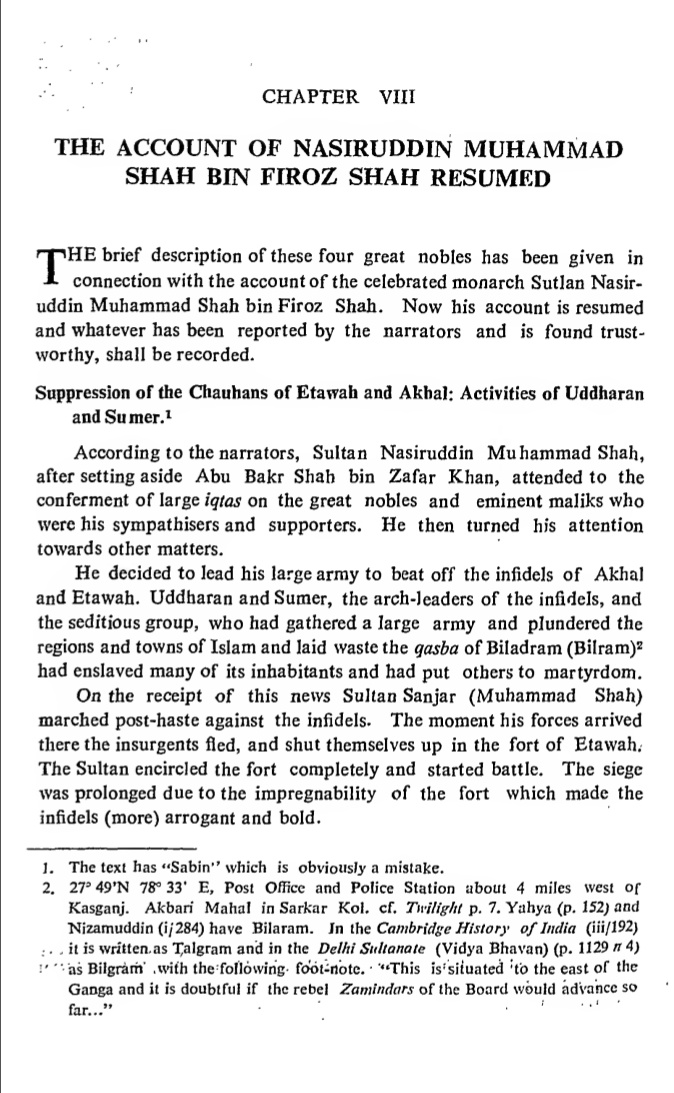 Bhadawarism's tweet photo. In March 1394 CE,
Rai Sumer of Etawah led the Chauhan Confederation - Chauhans, Bhadaurias, Tomars, Rathores, etc., to sack adjoining Islamic settlements and laid waste to Bilgram (Kasganj) had enslaved many inhabitants and put others to death. 

– Bihamad Khani's Mohammedi, 42. https://t.co/9lLdiTVbhU