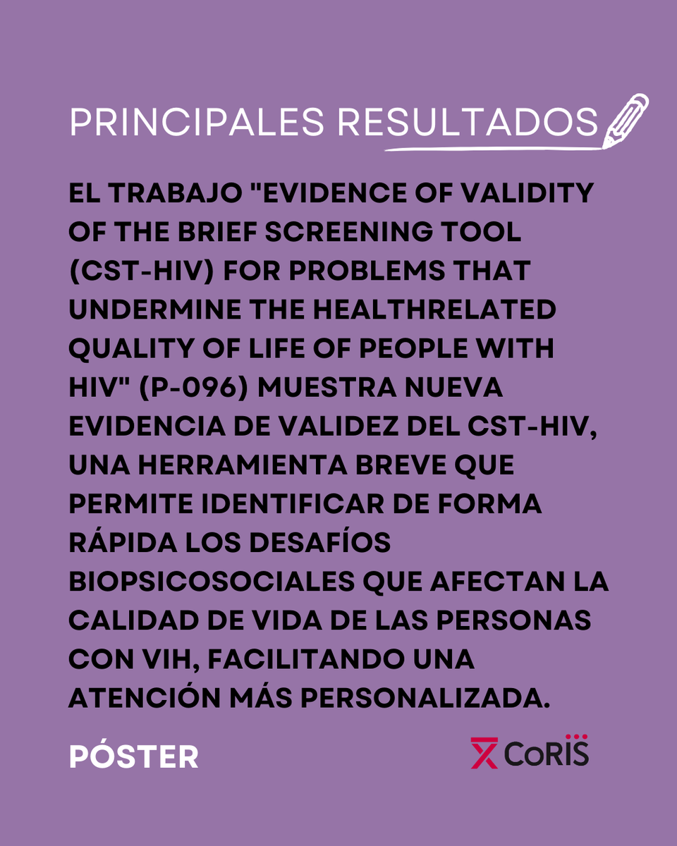 Cohorte_coris's tweet photo. Carlos Iniesta, médico de Salud Pública especializado en el ámbito del VIH, la salud sexual y la diversidad sexual y de género, director de SEISIDA presenta en #GeSIDA25 el póster:
"Evidence of validity of the brief screening tool (CST-HIV) for problems that undermine the health-related quality of life of people with HIV"
Trabajo realizado con datos de #CoRIS plataforma @CIBER_ISCIII
Resultados: El trabajo "Evidence of validity of the brief screening tool (CST-HIV) for problems that undermine the healthrelated quality of life of people with HIV" (P-096) muestra nueva evidencia de validez del CST-HIV, una herramienta breve que permite identificar de forma rápida los desafíos biopsicosociales que afectan la calidad de vida de las personas con VIH, facilitando una atención más personalizada.
#InvestigaciónVIH #GeSIDA25