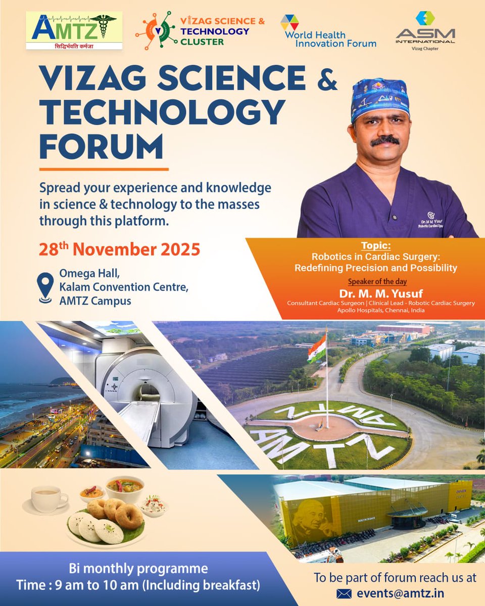 AP_MedTechZone's tweet image. Join us for the #Vizag #Science &amp;amp; #Technology #Forum on 28 November at @AP_MedTechZone! Featuring Dr. M. M. Yusuf, Consultant Cardiac Surgeon &amp;amp; Clinical Lead - Robotic Cardiac Surgery, @Apollo_Chennai! #MedTech #Innovation #Healthcare #Robotics #CardiacSurgery #MedicalTechnology…