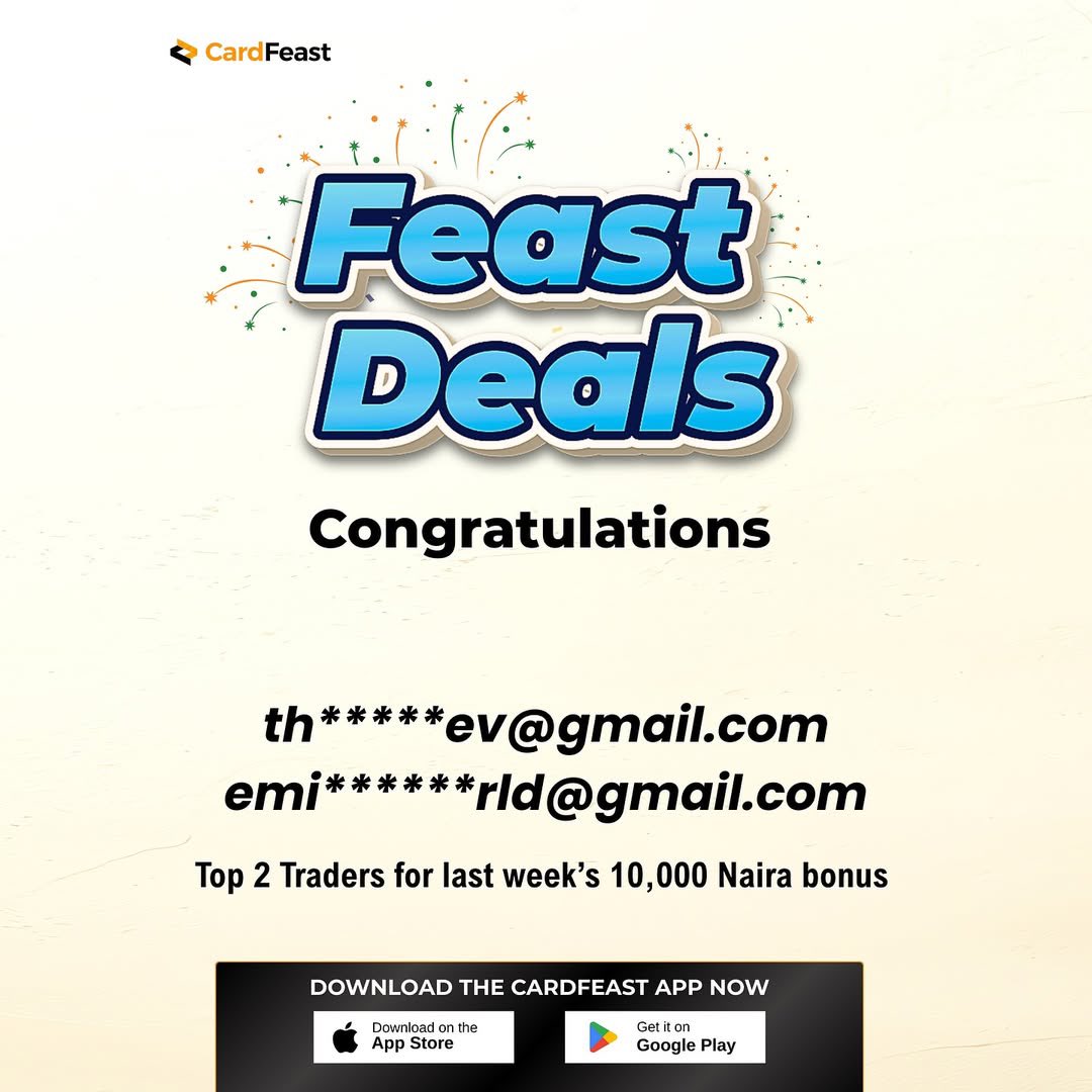 cardfeast's tweet photo. Congratulations to our Feast Deals N10,000 winners from last week!

You could be next!

Be among the top 2 traders on the
CardFeast platform this week to win big! 

Start trading your gift cards, paying bills, and funding your bet accounts here 👉🏾 https://t.co/UibzIpvavr https://t.co/7RWq2tNEjk