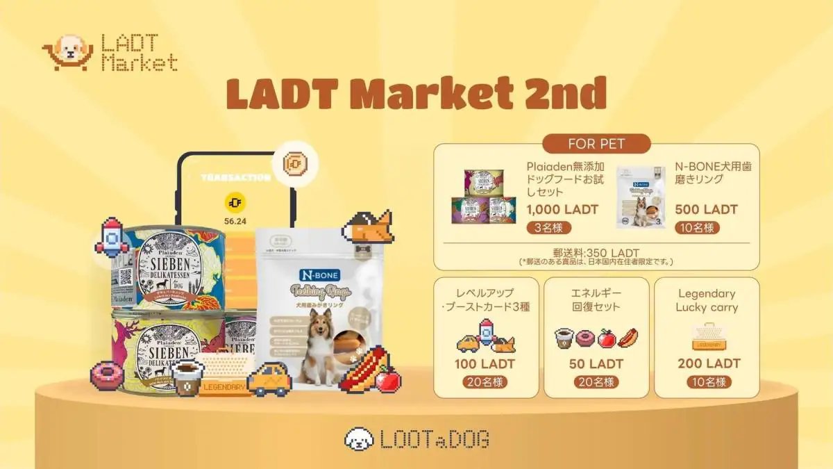 【LOOTaDOG、「LADT Market」第1・第2回でRWA活用を本格化🐶】

✅ゲーム内トークンLADTをマグカップやTシャツなどの限定グッズと交換
✅第2回ではペット用品を追加し「散歩で貯めたLADTを愛犬のために」コンセプトを具現化