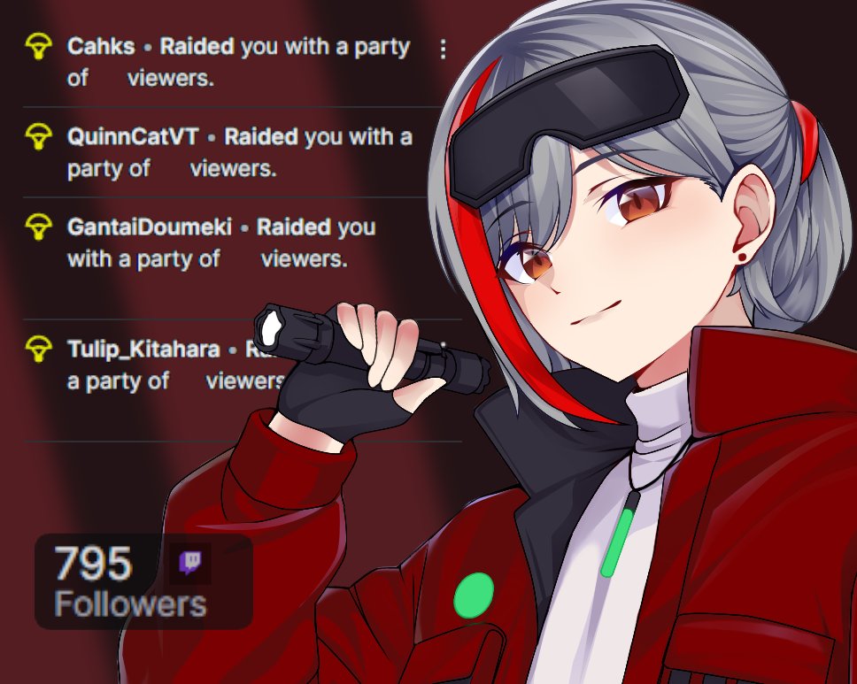 I get kinda shy about doing this but I wanted to say thanks for the massive support tonight!! We had some amazing raids and love from #TulipKitahara, #Gantai_100 , #QuinnCatVT, and #Cahks, with plenty of follows in between!

Just 5 followers away from 800 now!