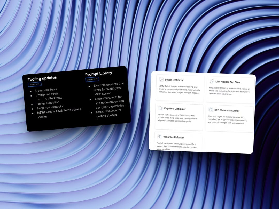 schmittdev's tweet image. Webflow&apos;s MCP Server just leveled up. Agents are controlling the Webflow Designer canvas in real-time.

Here&apos;s what&apos;s actually shipping (and what&apos;s coming). Thread 🧵