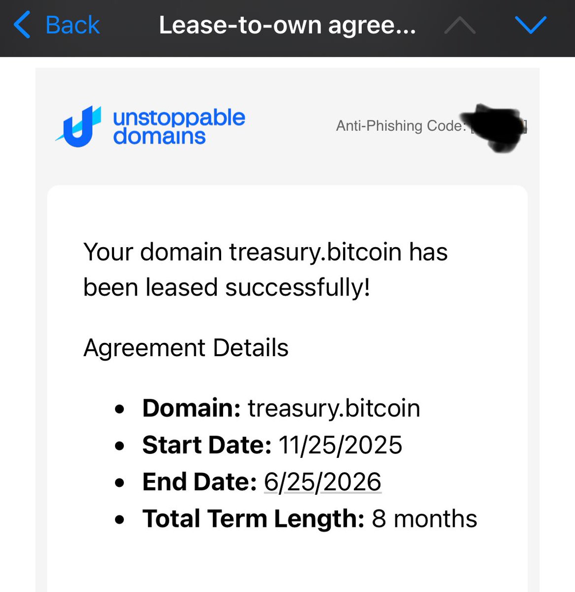 <a href="/mjdomainer/">Matthew John</a> <a href="/unstoppableweb/">Unstoppable Domains</a> <a href="/PopDomains_x/">popdomains.x</a> <a href="/ChessurNFT/">chessur.x | .eth</a> <a href="/sandy_carter/">Sandy.agi; gm.Brave</a> <a href="/enstroll/">anon.xmr</a> <a href="/DomainDegen/">Stefan.agi | cake.domains</a> <a href="/JohanPoyhonen/">Poyhonen.x | Ideas.x | Product.x</a> <a href="/Ohh_Mr_Silver/">1.x</a> <a href="/KryptoRecht/">Krypto@Recht</a> <a href="/d3g3n_x/">d3g3n.x | d3g3n.crypto | sg.sats</a> <a href="/KintsugiGlobal/">Kintsugi Global</a> <a href="/vidaaustera/">vidaaustera.x ✠</a> <a href="/CryptoBora417/">cryptobora | .x | .onchain | .brave | 🟦</a> <a href="/Collector7NFT/">X.X</a> <a href="/_realCryptoCat/">cat.crypto 🐈✨</a> <a href="/Harlemstuntman/">StuntGuy.x</a> <a href="/opensea/">OpenSea</a> I just sold treasury.bitcoin sold via LTO on <a href="/unstoppableweb/">Unstoppable Domains</a> for $8000 over 8 months. 

Minted 27/03/25 for $400
Hold time: 7 months 29 days
ROI: 1900%

Down payment of $1700 with remainder being paid at $900 p/m till May 26.

Congratulations to the buyer! I believe that in a few