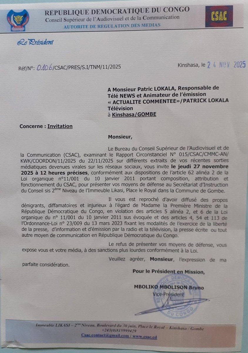 wembi_steve's tweet image. #RDC: Le célèbre journaliste Patrick Lokala @PatrickLokala_ convoqué au  #CSAC ! Le fondateur de Télé News est attendu par le régulateur pour des propos jugés injurieux et diffamatoires à l’égard de la Première ministre @SuminwaJudith .