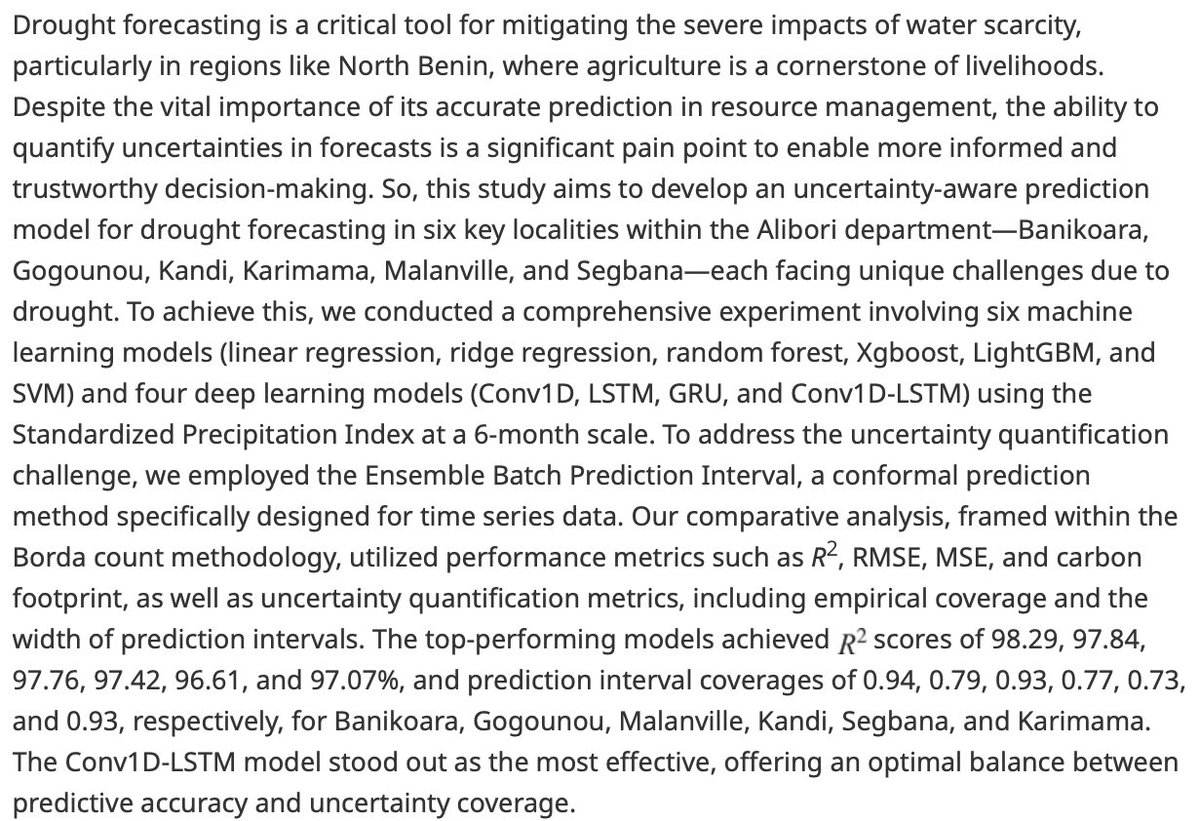 EnvDataScience's tweet image. New article!

Prediction and uncertainty quantification of drought in North Benin

👉bit.ly/3Xhrrsc
 By authors from @UM6P_officiel, @IFDCGlobal &amp;amp; @uacbenin

Part of the Tackling Climate Change with Machine Learning special issue

#climatechange #drought #MachineLearning
