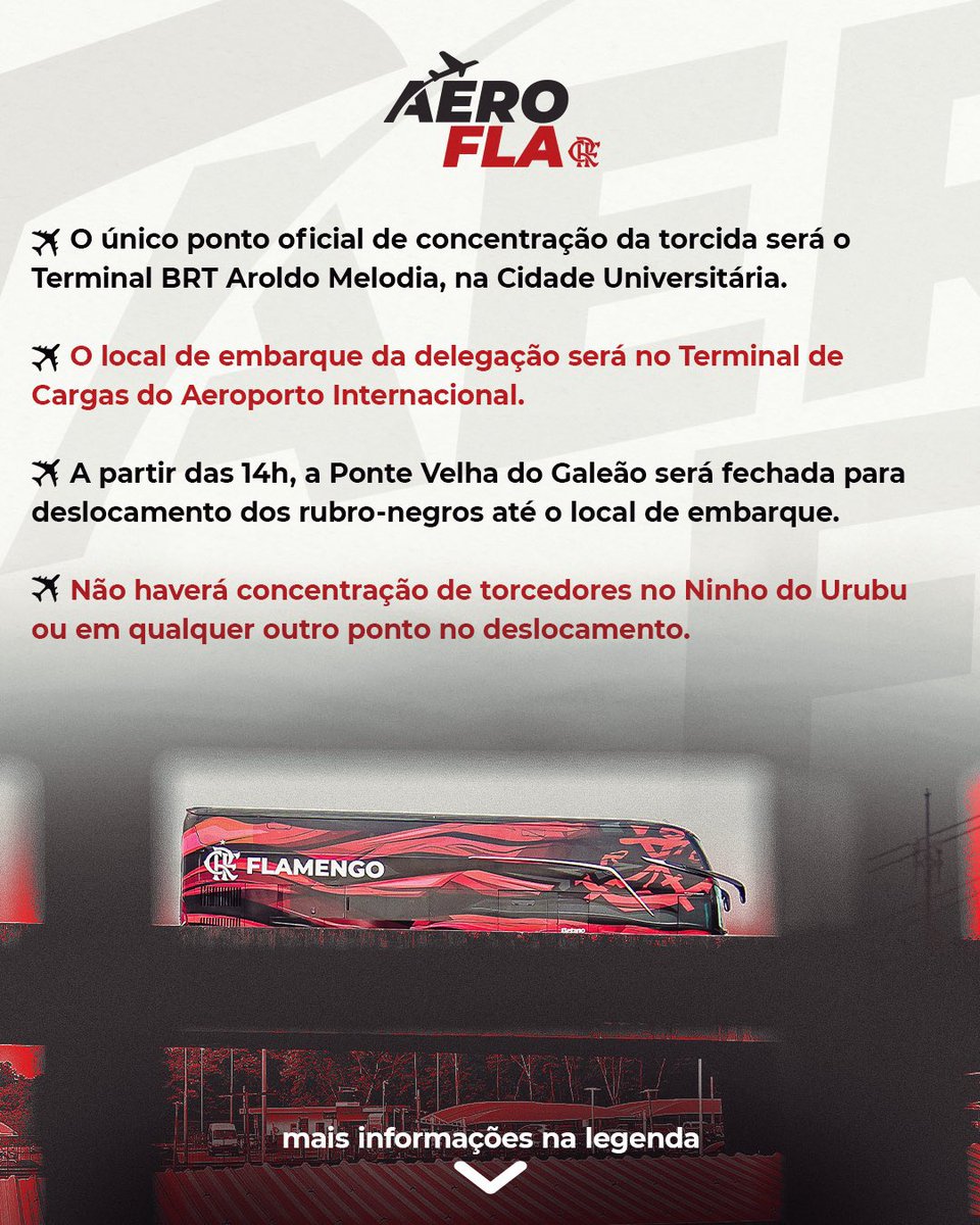 Flazone_'s tweet photo. >> CONVOCAÇÃO GERAL <<

🔴⚫ 𝗔𝗘𝗥𝗢𝗙𝗟𝗔 𝗣𝗘𝗟𝗢 𝗧𝗘𝗧𝗥𝗔 🔴⚫

Quarta, 26/11, o último ato de apoio ao elenco antes da Final da Libertadores

➔ Local de embarque: Terminal de Cargas do Galeão

➔ Chegada do ônibus: 15h

O TETRA COMEÇA AQUI, TODOS AO GALEÃO! #Flamengo https://t.co/EmErrU10Fy