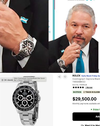 MurrayPFarmer's tweet photo. Socialismo para el pueblo… lujo y saqueo del gobierno para ellos.
El canciller Enrique Reina usando un Rolex Daytona de $30,000 dólares mientras Honduras se hunde en pobreza.
Así viven los “revolucionarios" https://t.co/jfpxdybX3K