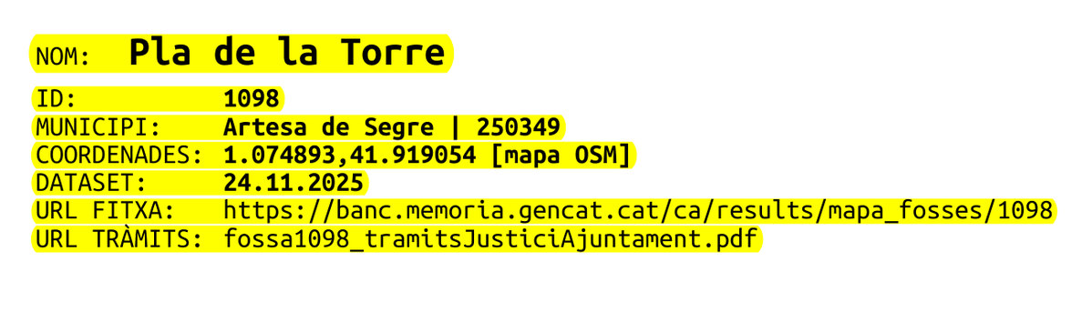 OnEtsOncleGuill's tweet image. La fossa comuna afegida ahir al #dataset d&apos;@opendatacat és la del «Pla de la Torre» i correspon a la comarca de La Noguera, concretament al municipi d&apos;Artesa de Segre, malgrat que equívocament al camp MUNICIPI d&apos;aquesta base de dades hi figuri el nucli de població d&apos;Alentorn.